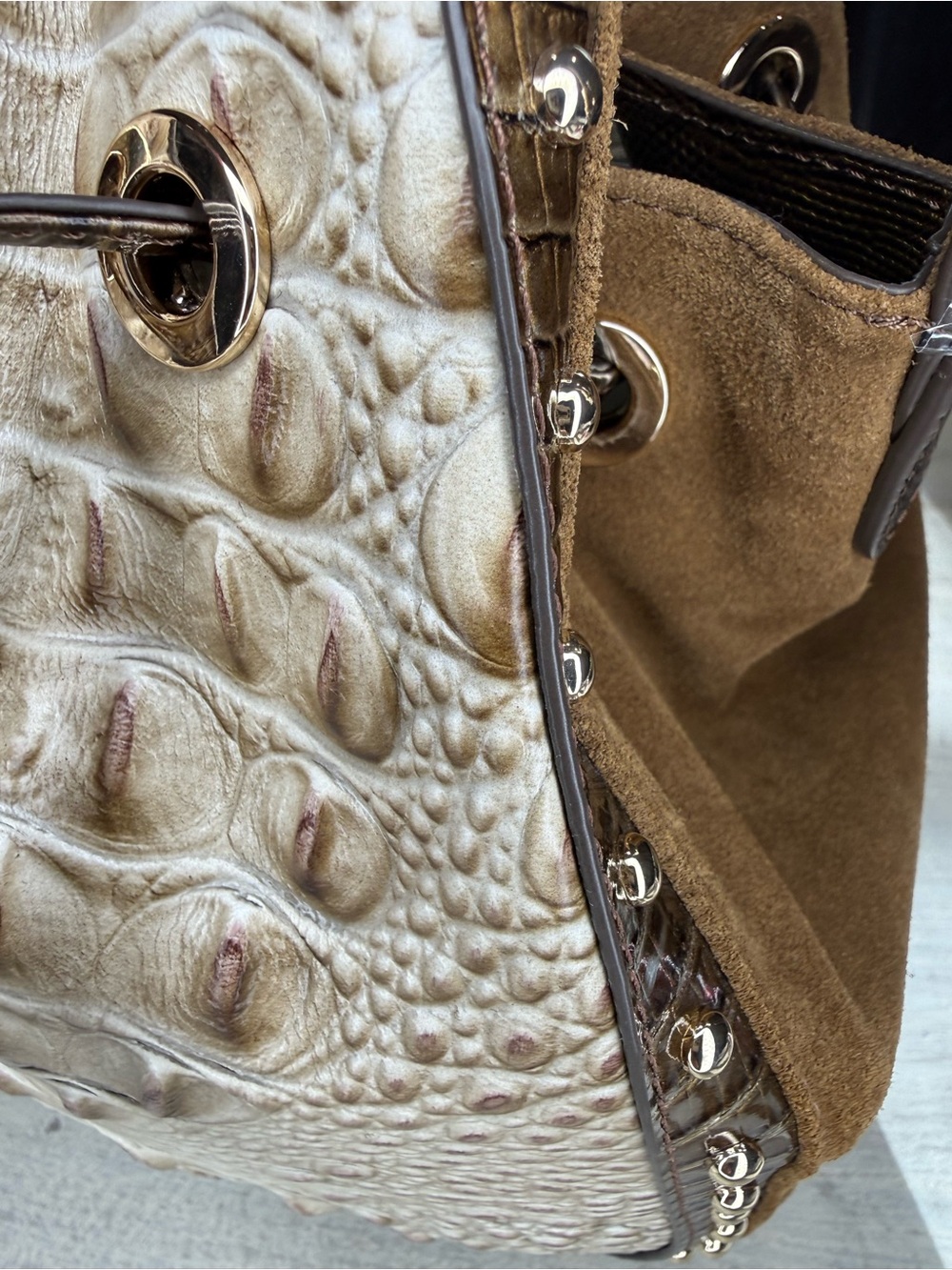 Brahmin Melinda Taupe Ensemble Brown Suede & Cream Drawstring Bucket Crossbody - Picture 13 of 14
